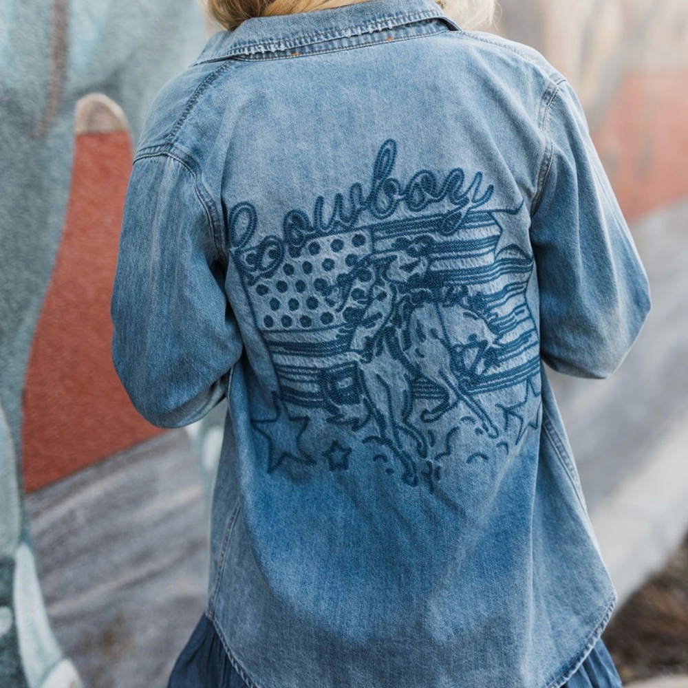 Rodeo Quincy American Cowboy Button Up- Denim Shirt with Cowboy Graphic